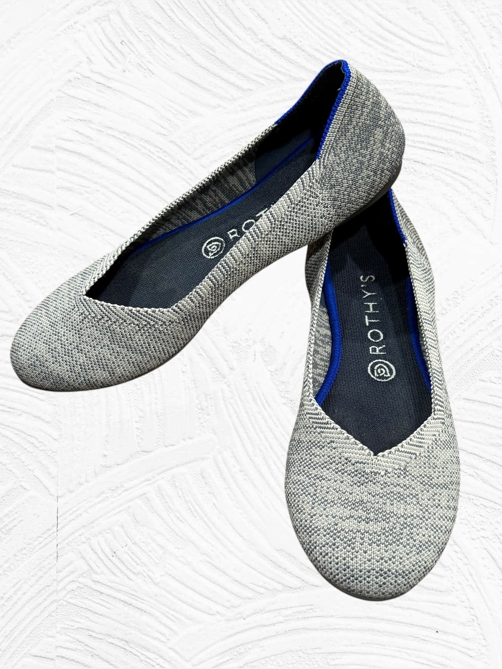 Rothys The Flat Birdseye Gray Taupe with Blue Angel Stripe Round Toe Knit US 9